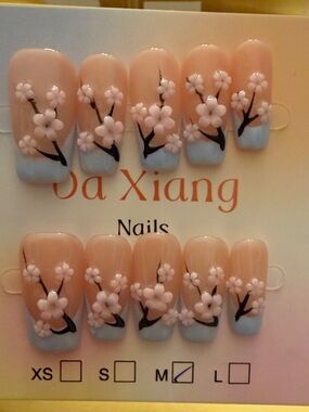 Blue & Pink Floral handmade Press-On Nails - Medium